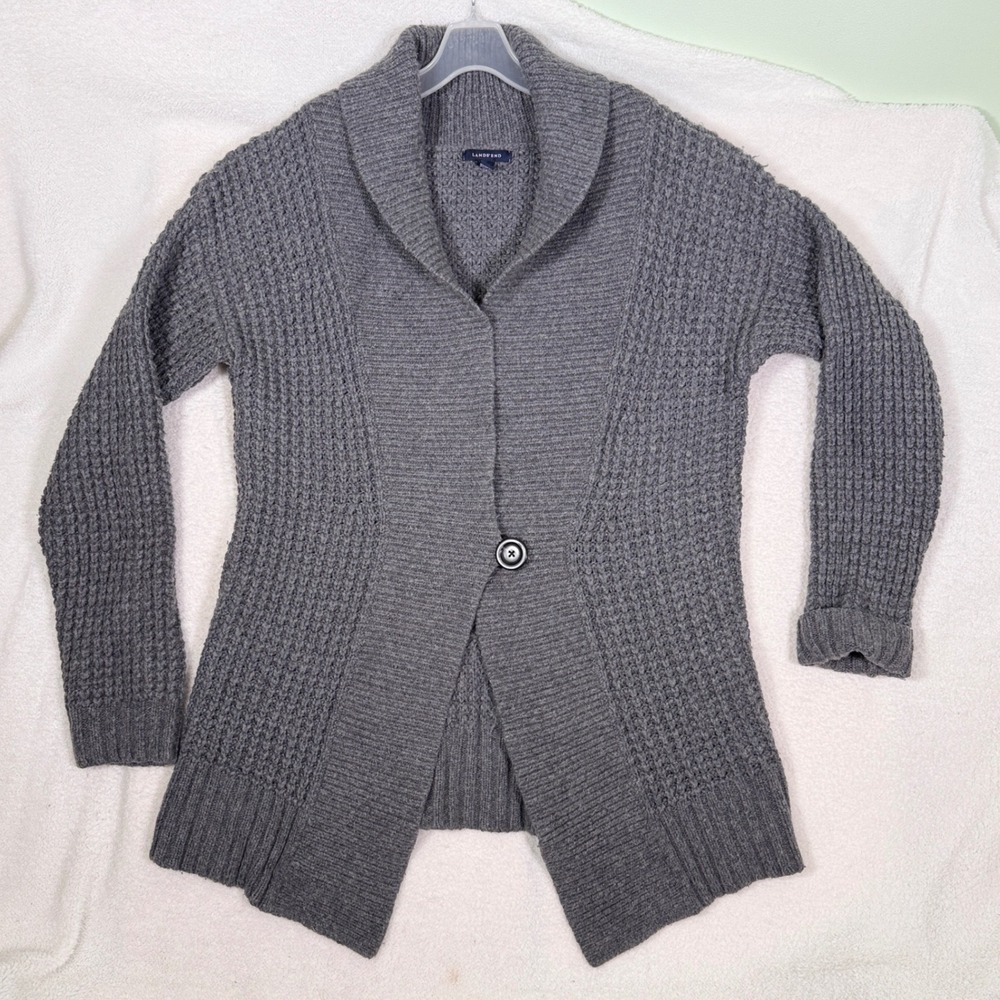 Lands End Womens Sweater M Grey Chunky Waffle Knit Shawl Cardigan Wool Alpaca